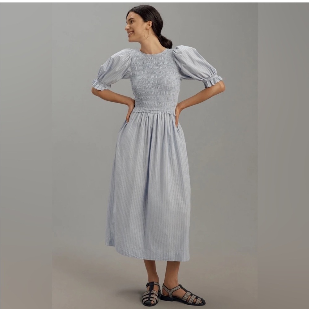 Smocked Back Tie-Detail Midi Dress in Light Blue